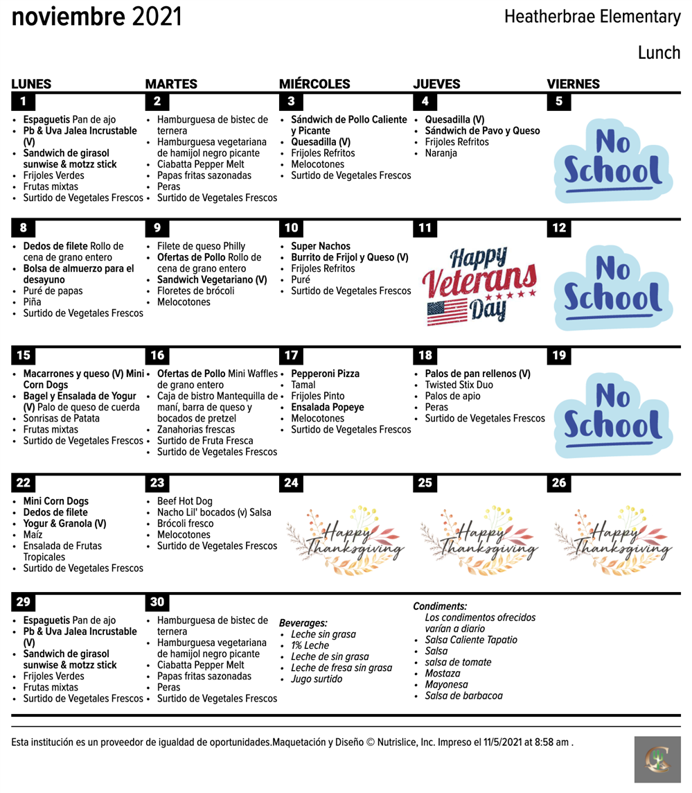 Heatherbrae November Lunch Calendar Spanish